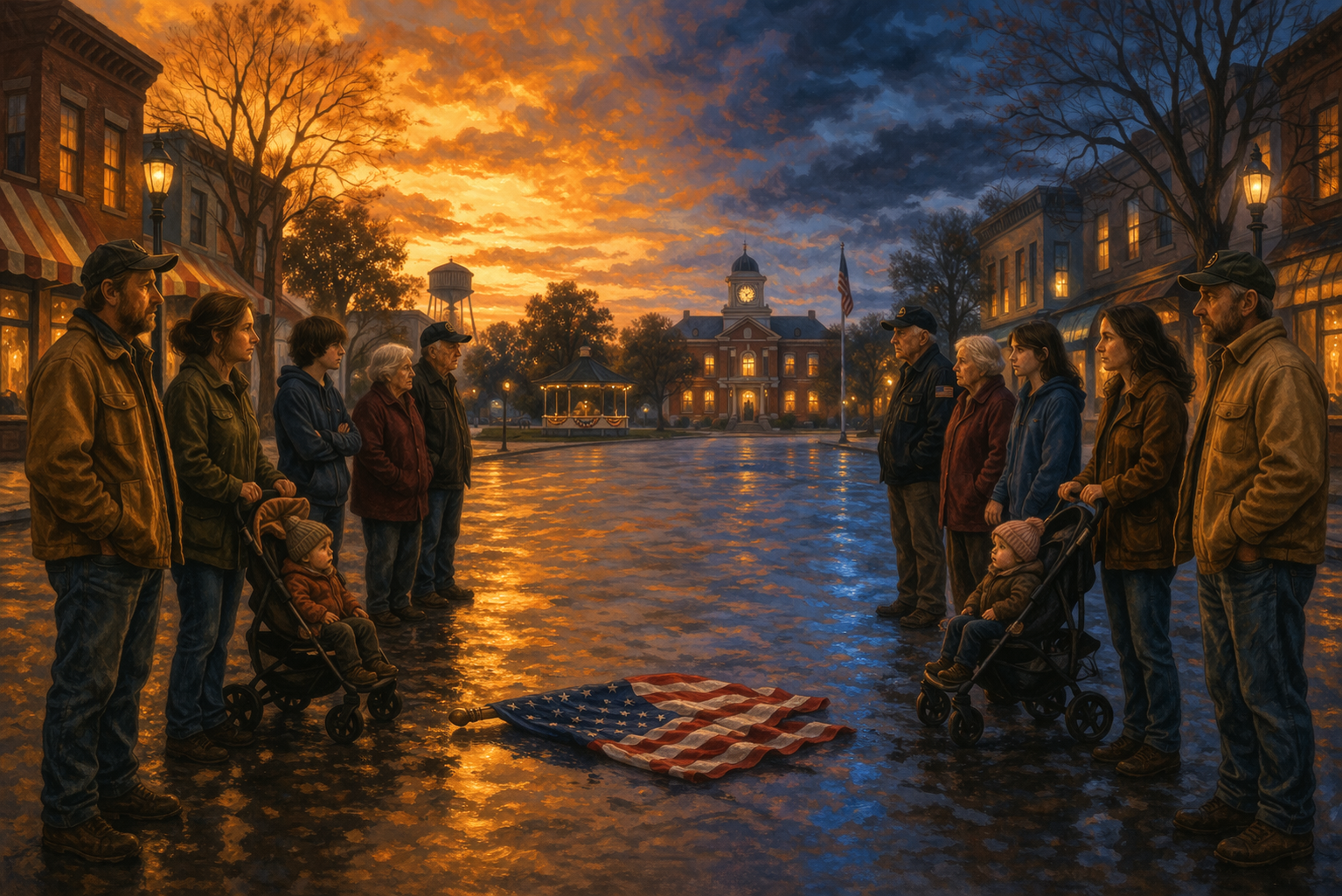 Two groups of American's stand divided over the flag.