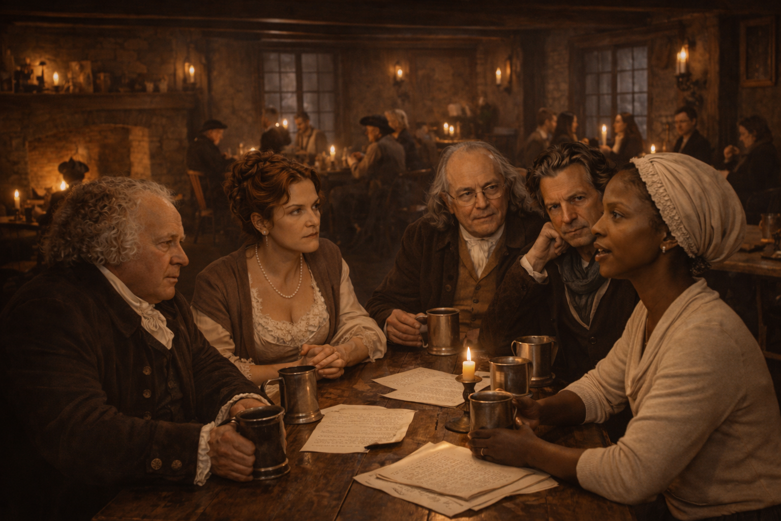 Founding fathers sit around a table.