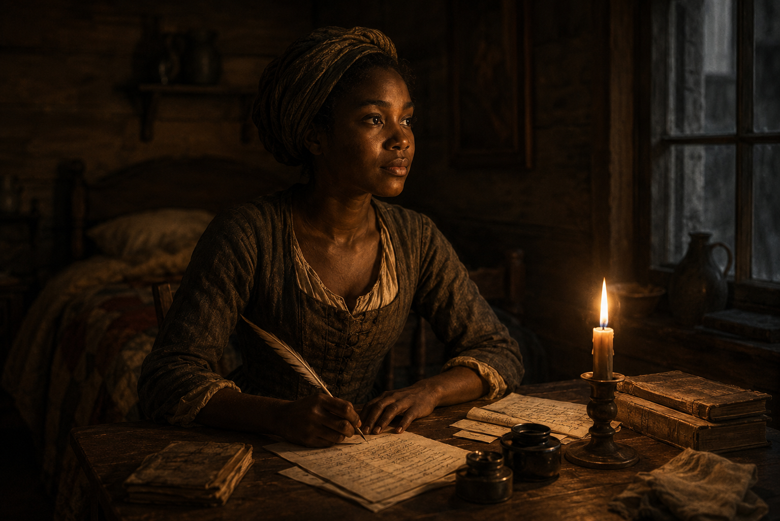 Phillis Wheatley writing by candlelight