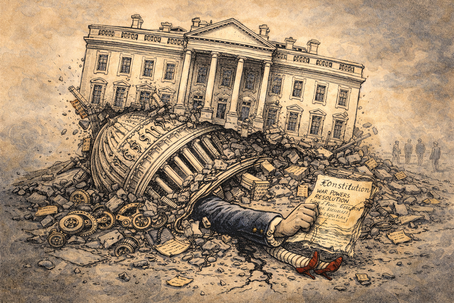 A hand holding the constitution sticks out from under the rubble of congress and the white house.