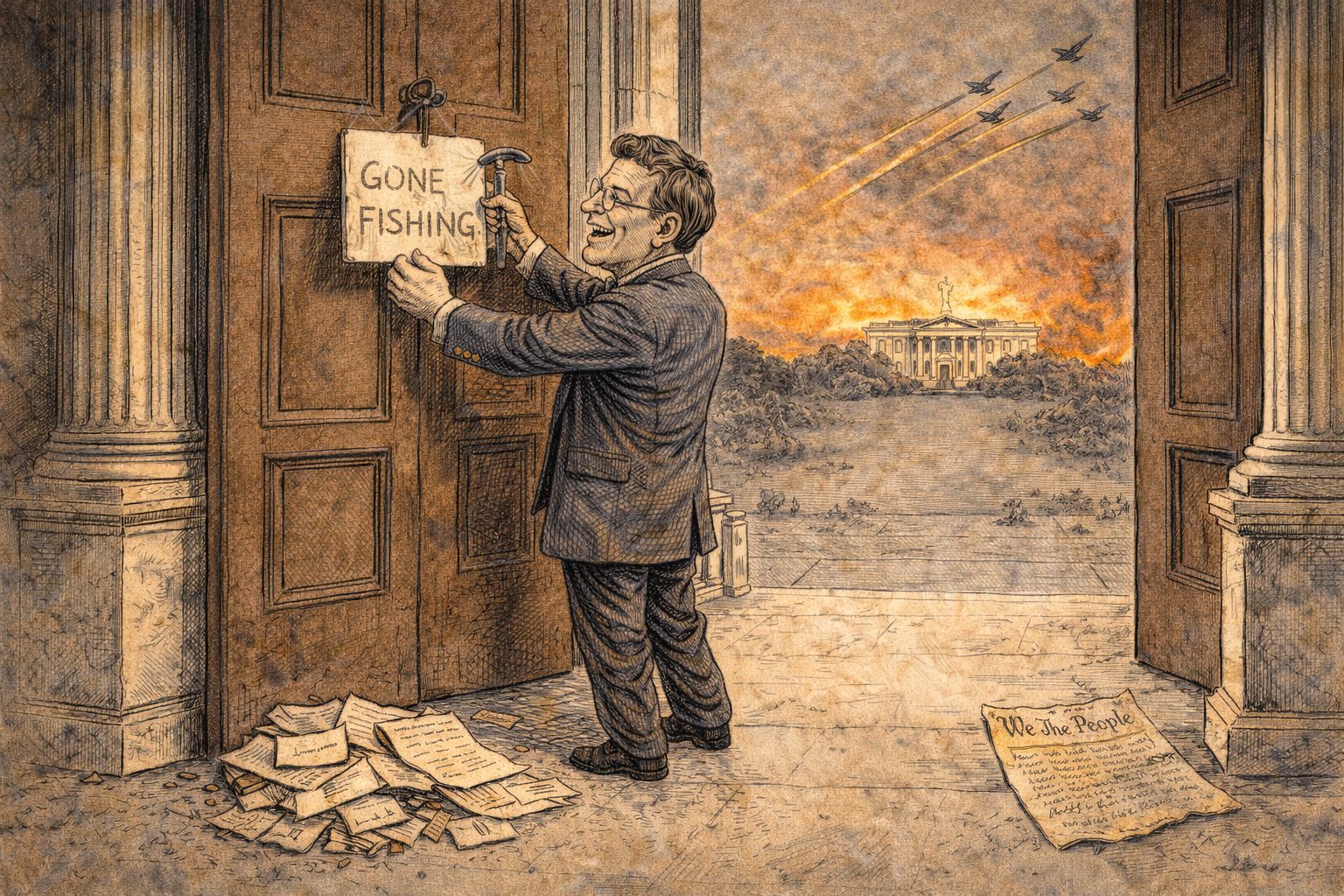 A gone fishing sign is placed on the doors of congress.
