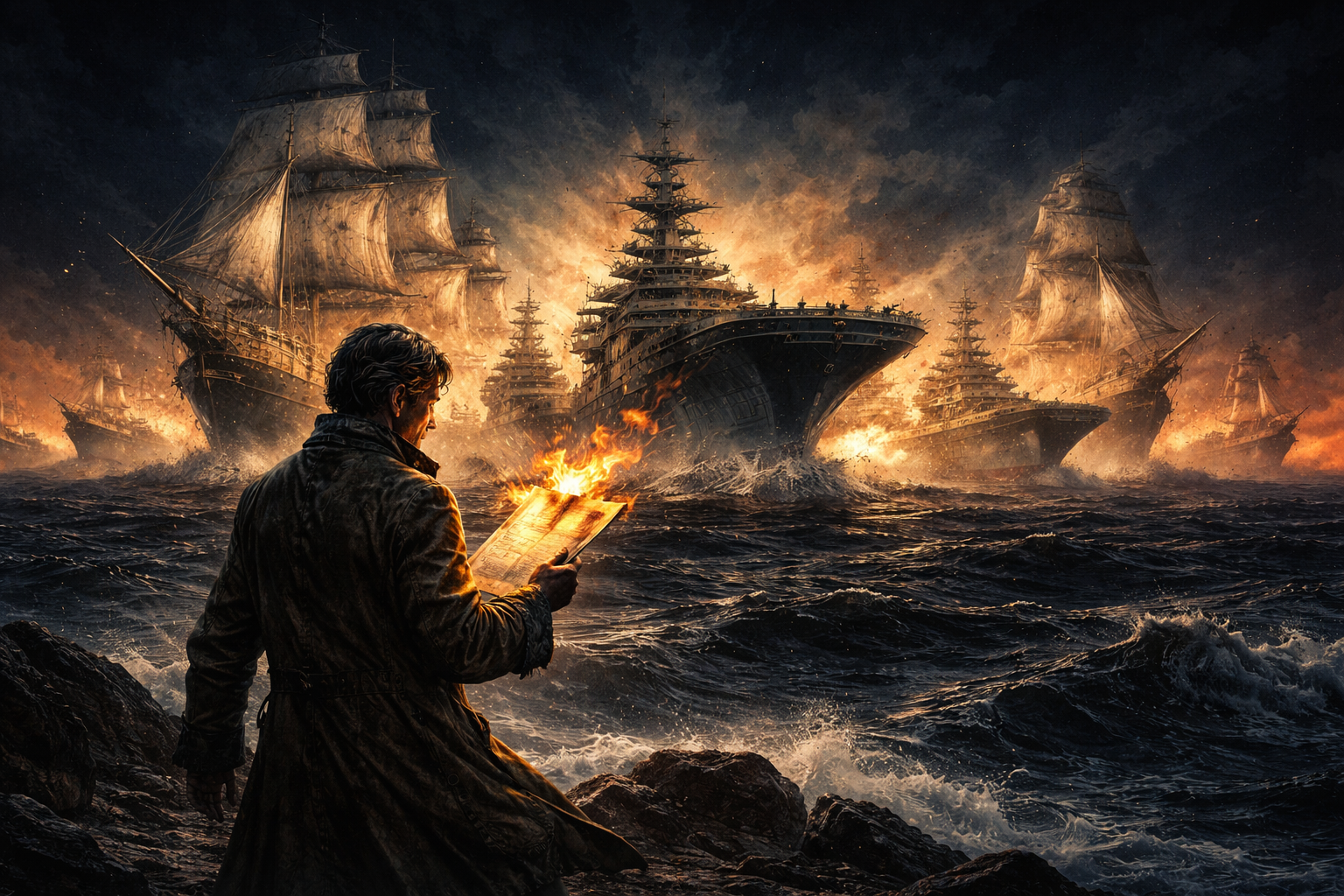 Man watches as modern and revolutionary war ships sail through fire.
