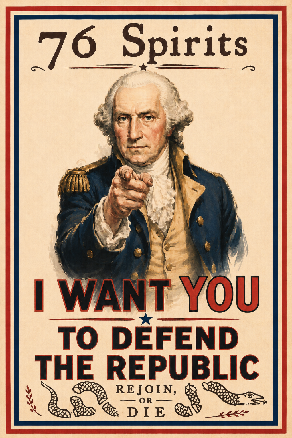 General Washington pointing at the reader: 76 Spirits. I want you to defend the Republic. Rejoin, or die.